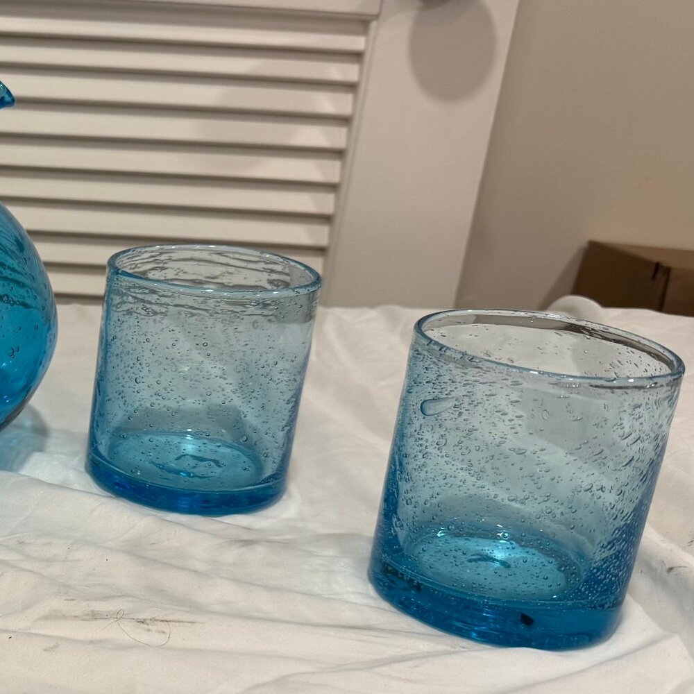 Artland Iris 90oz Handblown Glass Pitcher Turquoise w/ 4 Double Old Fashioned - Picture 3 of 12